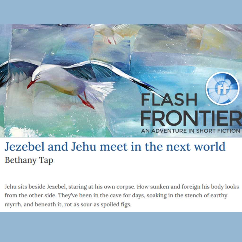 A colorful illustration featuring seagulls in flight, with the title of the publication, 'FLASH FRONTIER: an Adventure in short fiction' and the story title 'Jezebel and Jehu meet in the next world' by Bethany Tap with an except below.