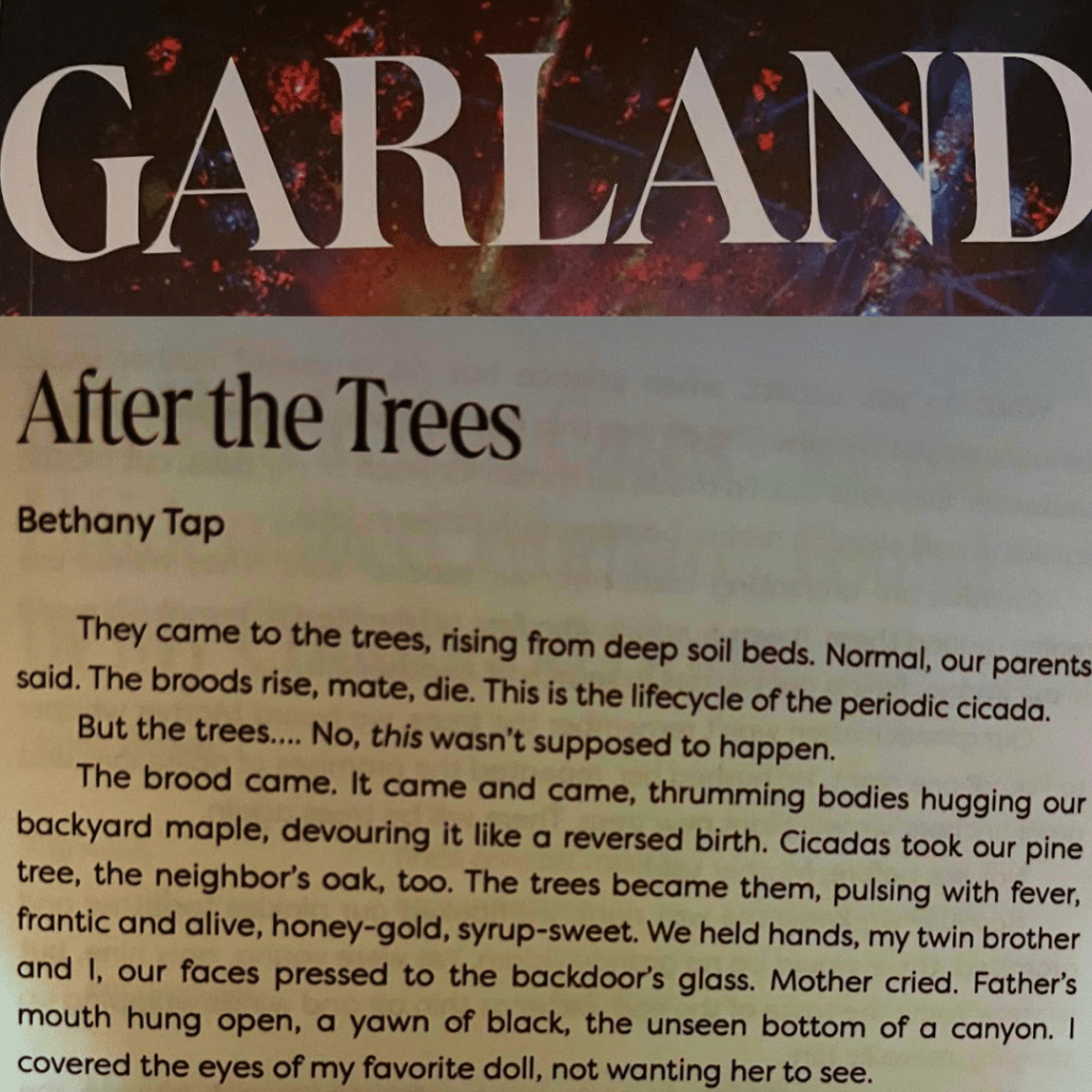 Cover of the publication 'Garland' featuring the story titled 'After the Trees' by Bethany Tap with an excerpt of the story below.